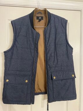 H&M Men's Quilted Puffer Vest Heather Blue Brown Lined Size US 44R (EU 54) Large